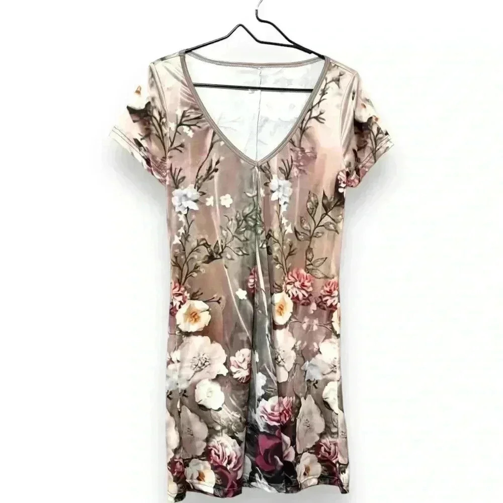 Women's V Neck Loose Dress Summer Khaki Floral Print Size Small T-shirt Dress - Picture 2 of 14